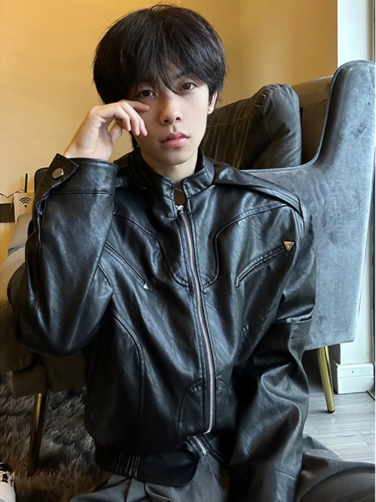 

Cleanfit Vintage American Motorcycle Jaet Men's Faion Outerwear oulder Pads PU Leather Zipper Closure Casual Sle