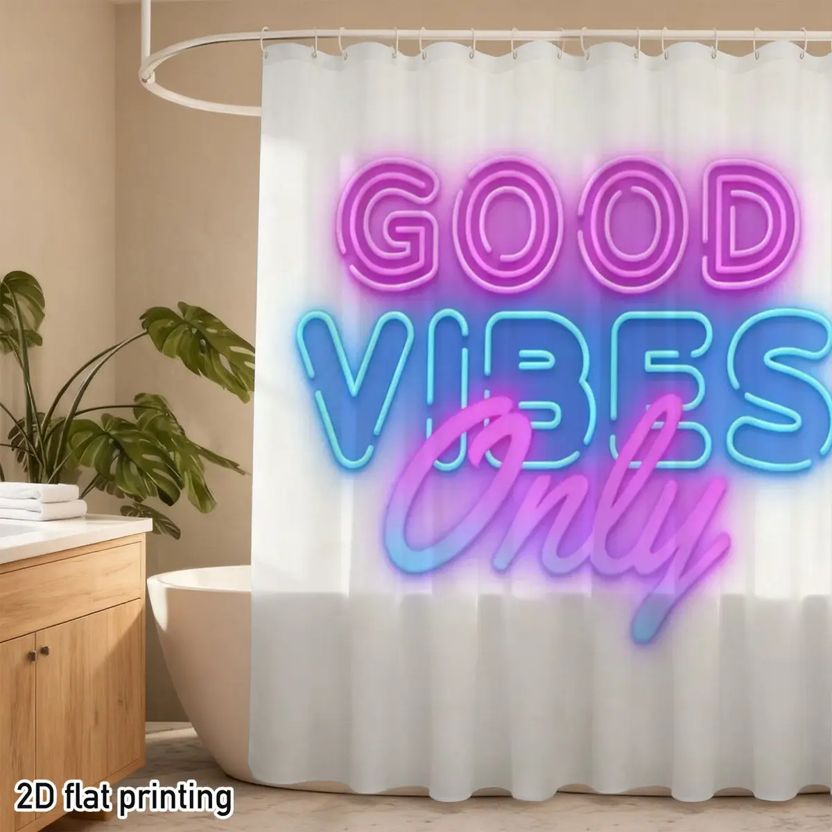 シャワーカーテン-ポリエステル製「good-vibes-only」ネオンピンクブルー-タイポグラフィー-防水グロメットトップ-ティーン向けバスルーム装飾-フェスティバルギフト