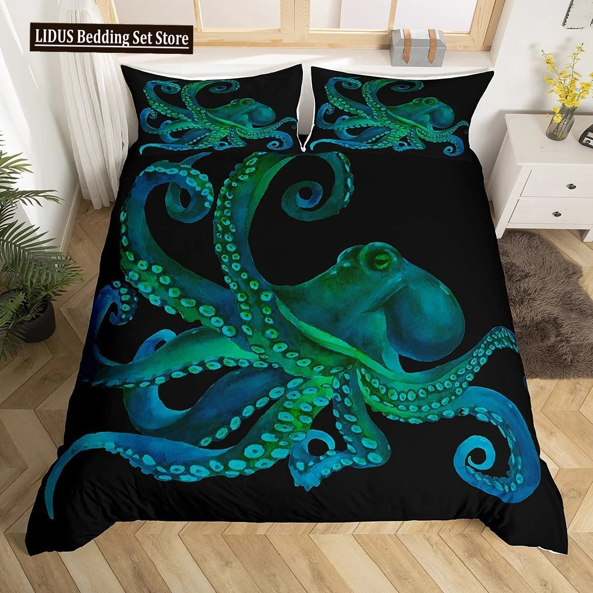 

Cyan Octopus Bedding Sealife Duvet Cover Ocean Animals Comforter Cover For Kids Teens Adults Bedroom Decoration 3 Pcs Bedding