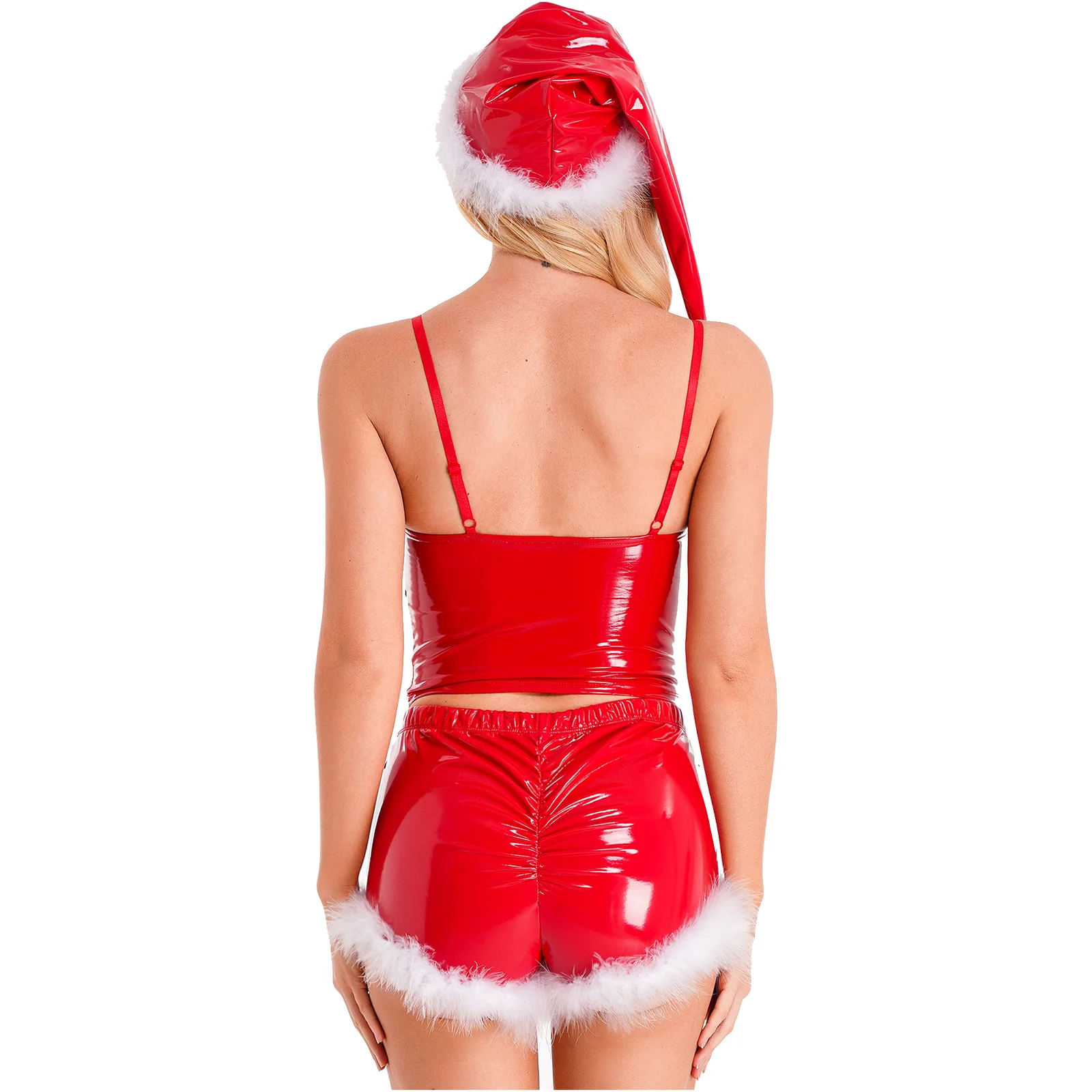 Red Women's Sexy Role Play Outfits Christmas Costume Santa Claus Cosplay Costumes Sleeveless Crop Top Low Rise Booty Shorts+Hat