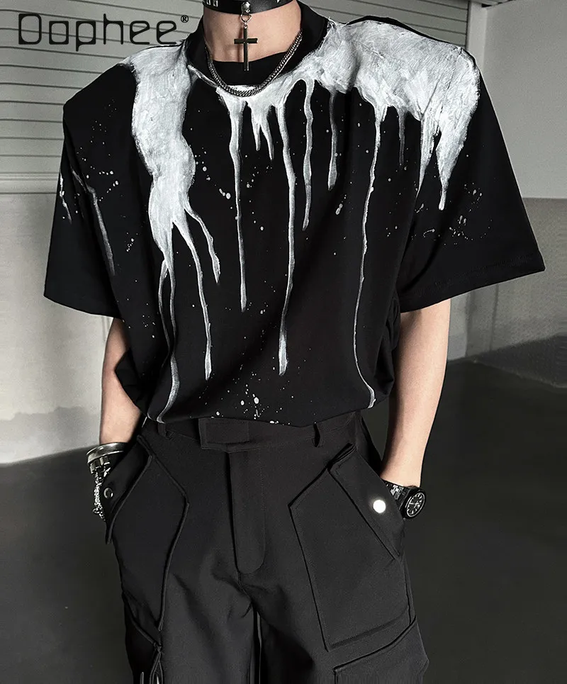 2026 Summer Black Ink Drip Wing Starry Print Round Neck T-Shirt Men Dark Streetwear Loose Casual White Short Sleeve Top