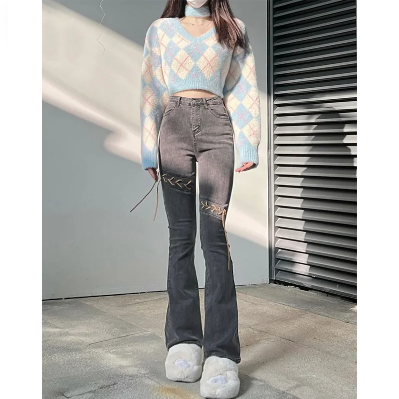 Sexy ort Knitted Sweater Women's Top Autumn Winter Lazy Sle Camere Design Blue Sweater Fem Spicy Girl V-ne Long Sl...