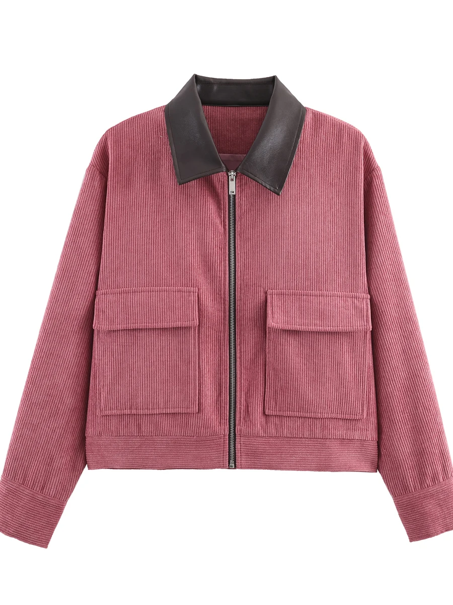 Women's Short Jacket Corduroy Color Block Zipper Leather Collar Outerwear Spring Autumn Fashion Casual Stylish Polyester