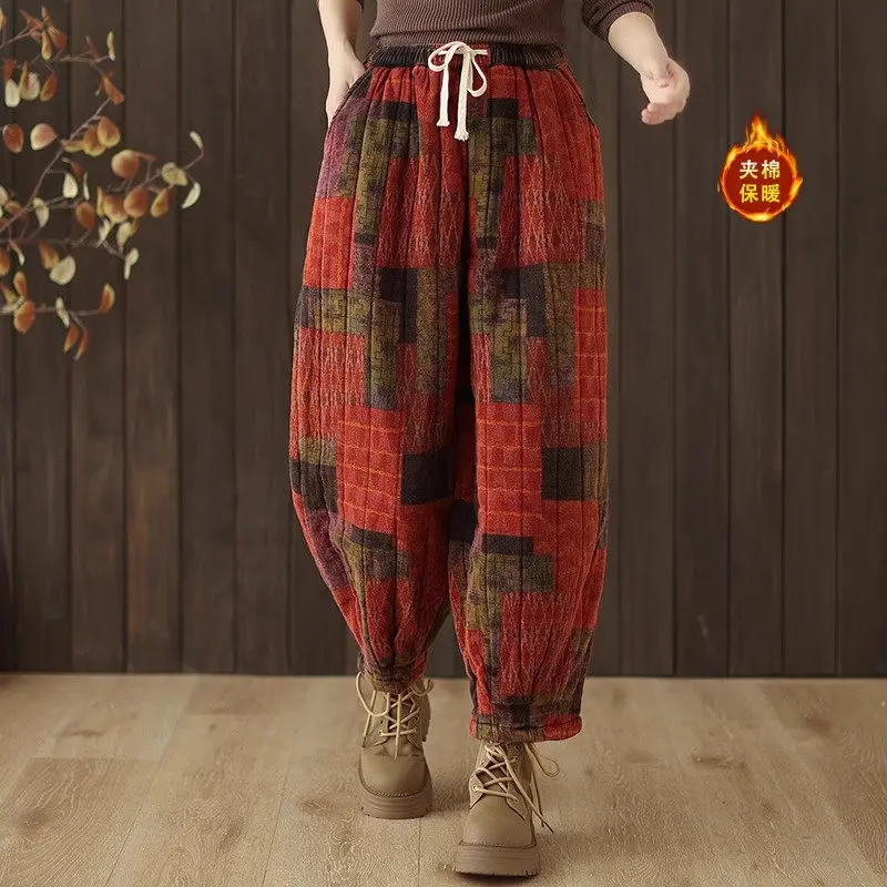 Retro Ethnic Style Printed Cotton Pants For Women Winter Cotton Linen Thick Style Warm And Loose Casual Lantern Trousers a080