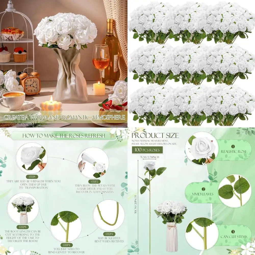 

Набор из 100 искусственных шелковых роз на длинных стеблях белого цвета для свадеб, вечеринок и домашнего декора