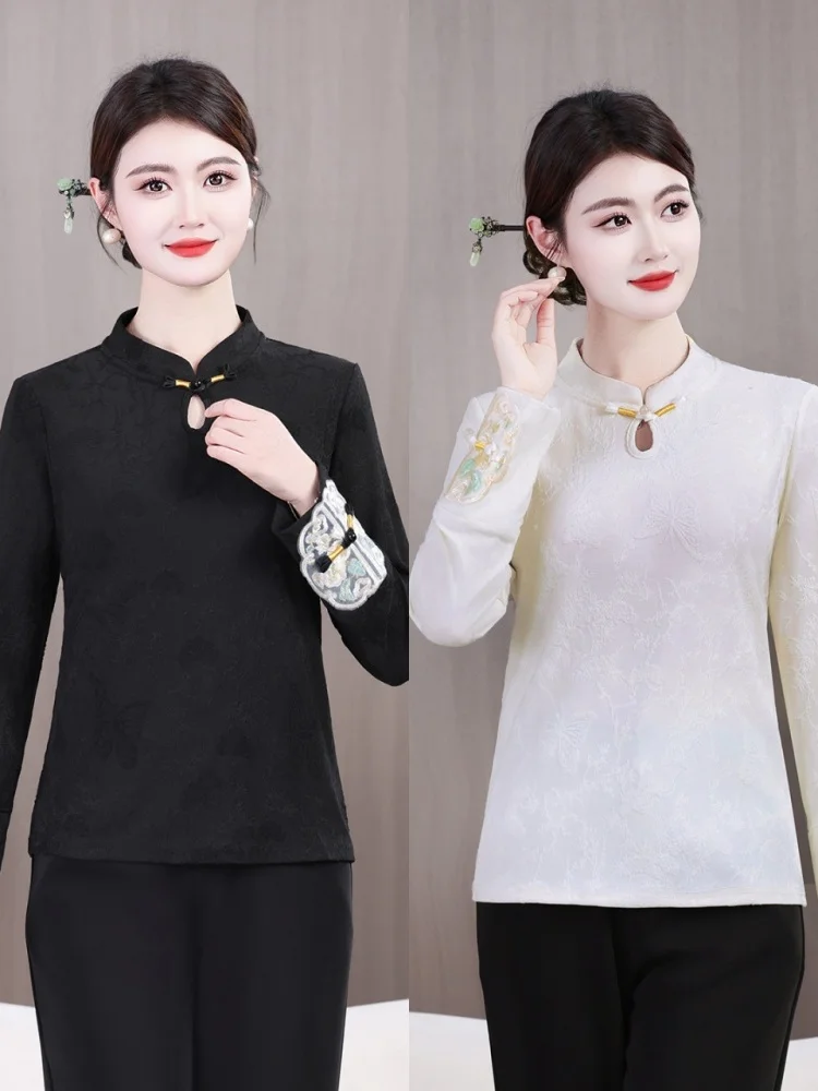 

Новая китайская женская футболка с длинным рукавом, эластичная, улучшенный крой, в стиле ципао, приталенная, из полиэстера, весенняя мода