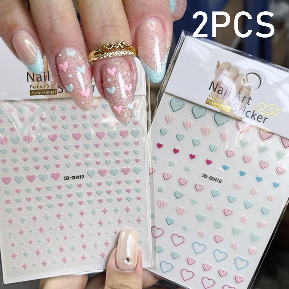 2pcs Pink Blue Little Heart Nail Art Stickers 3D Valentines Cute Love Nail Decals Adhesive Slider Valentine's Nail Art Supplies#