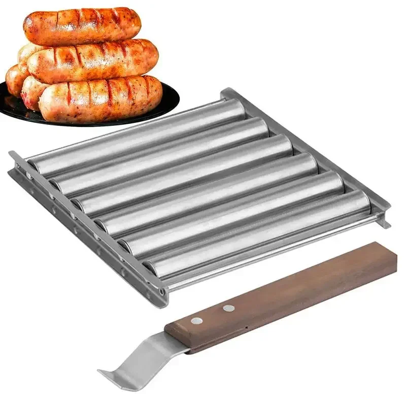 tainless Steel Hot Dog Sausage Roller Rack Steamer with Extra Long Wood Handle New BBQ Tools 5 Section Brat Griller