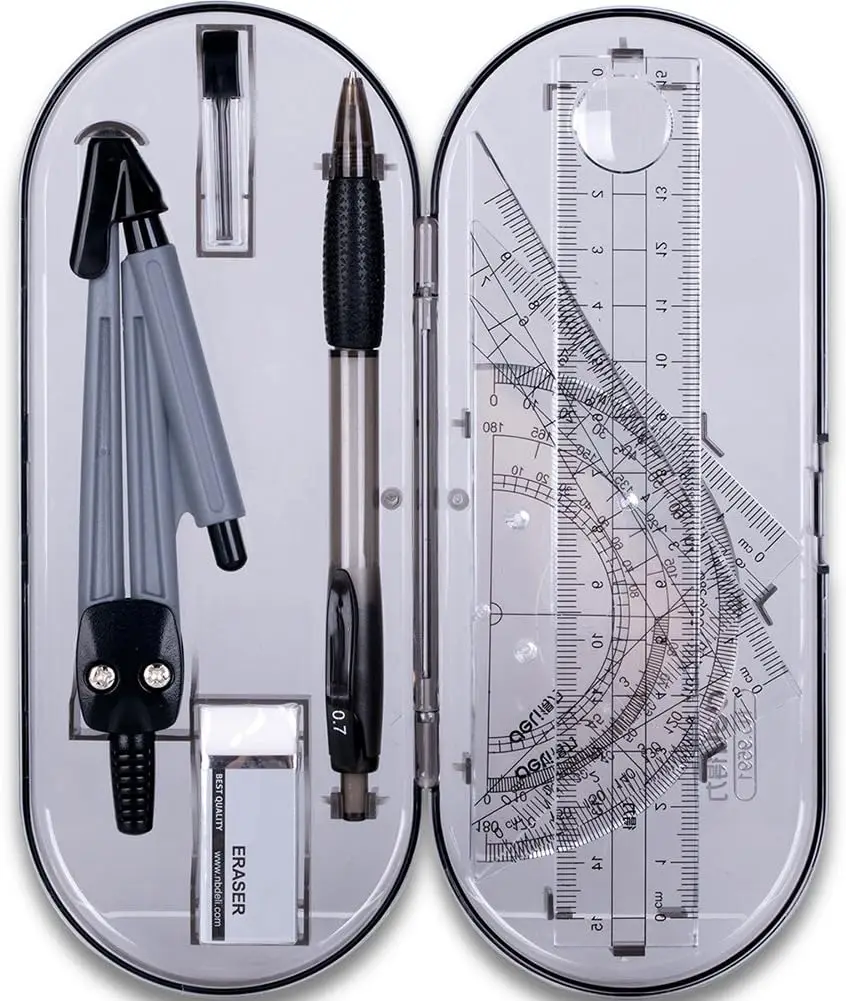 Kit de geometría para estudiantes, suministros matemáticos con caja inastillable para dibujar, ingeniería, brújula, regla transportador, 8 piezas