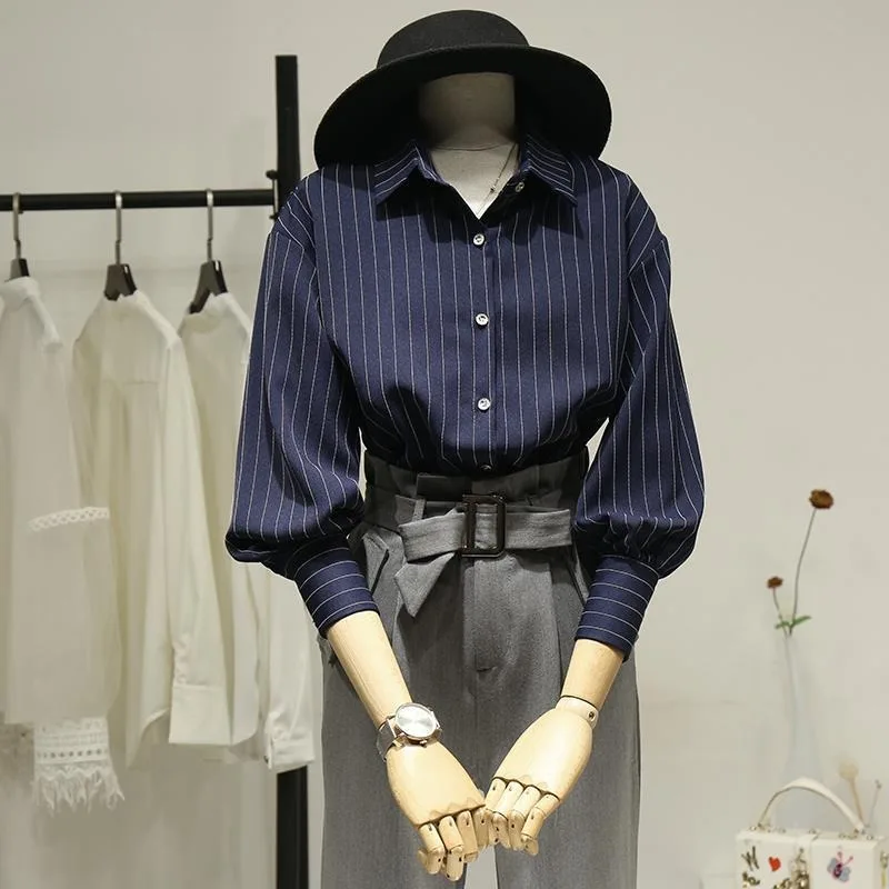 

Women Striped Button Down Shirt Long Sleeve Lantern Sleeve Turn Down Collar Casual Office Workwear Elegant Blouse Tops