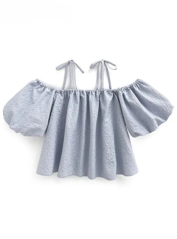 

Summer New 2025 Japanese Bow Lace-Up Shirt Sweet Girls Solid Color Blouse Bubble Short Sleeve Off-Shoulder Tops for Women
