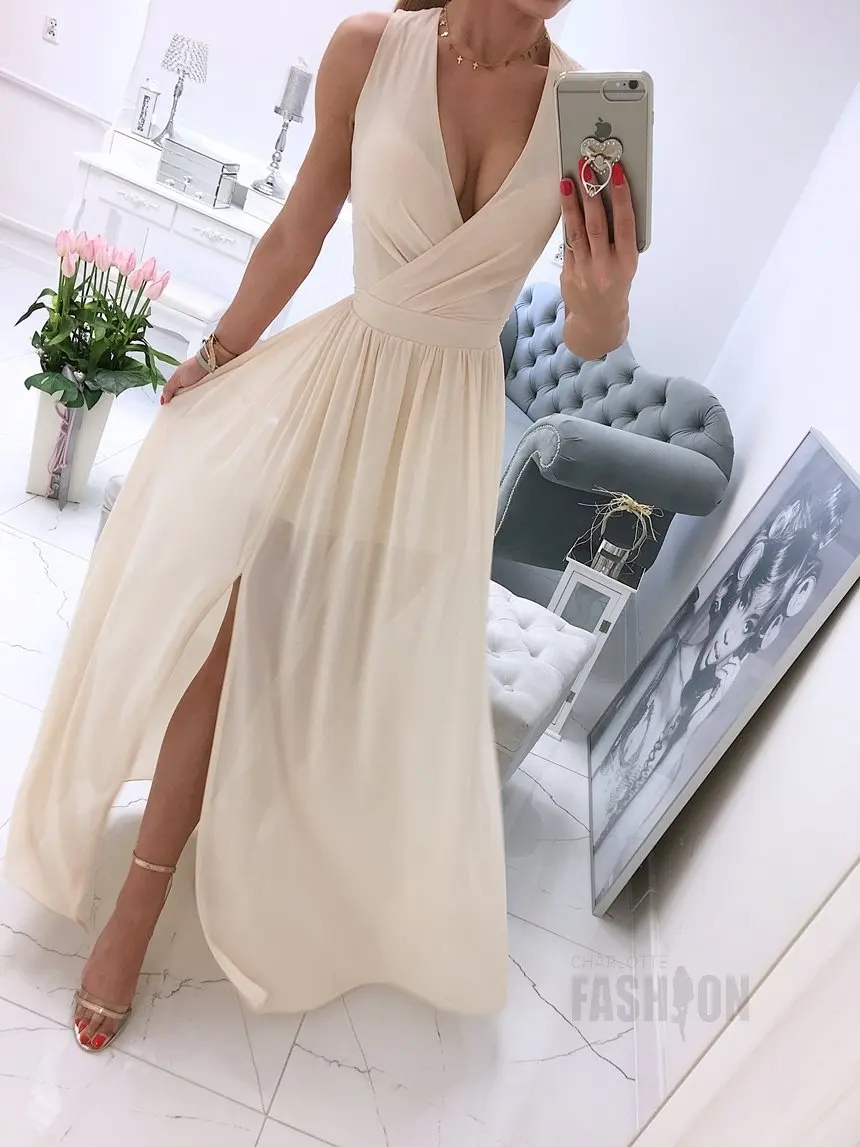 Summer New Sleeveless Solid Color V-neck Dress Women Pullover Polyester High Waist Dress