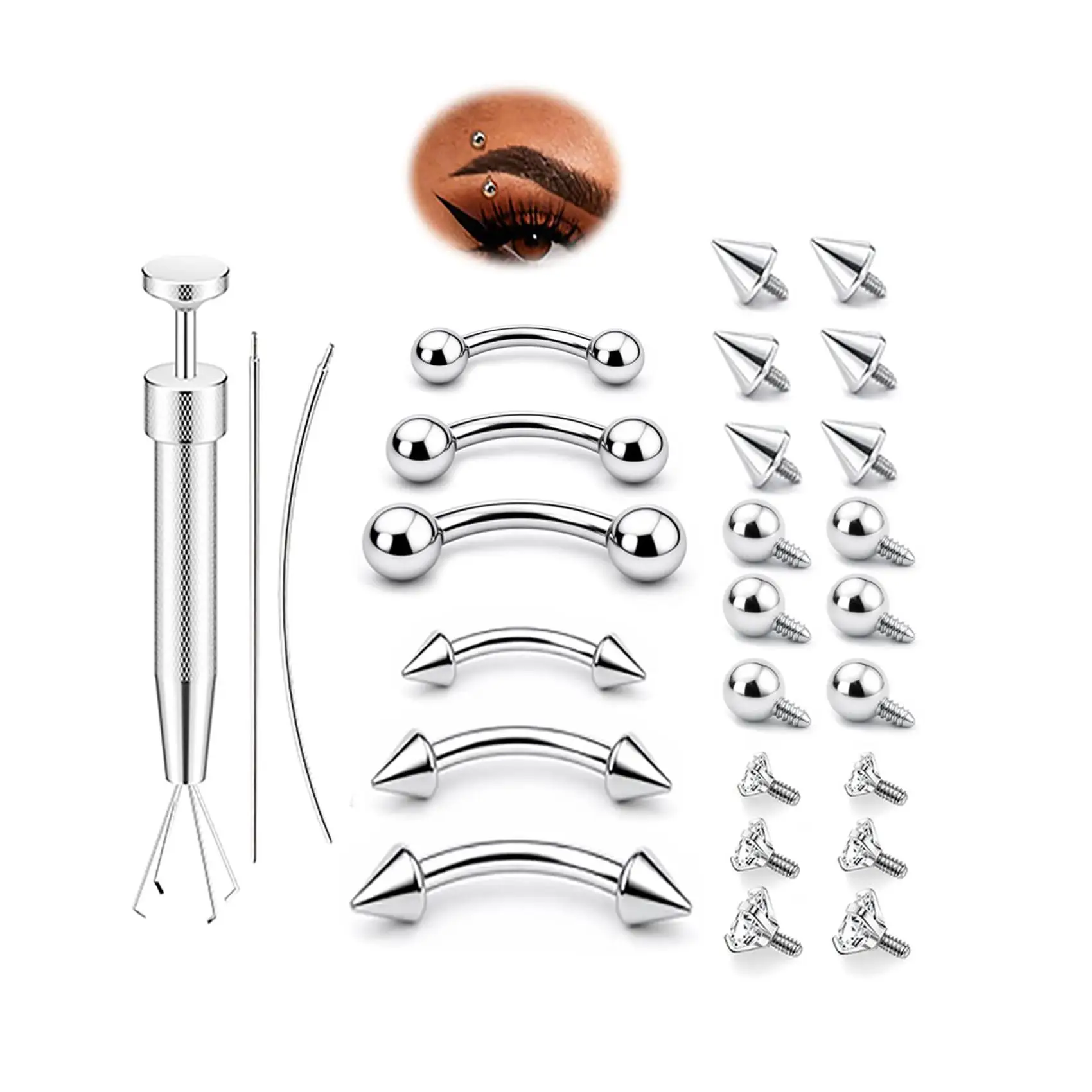 G23 Titanium Internal Thread Eyebrow Piercing Jewelry with Tools Interchangeable CZ Spike and Ball for Rook Daith Lip Piercings