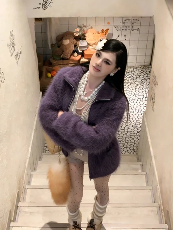 

Свободный женский вязаный кардиган фиолетового цвета, осенне-зимняя новинка, модный универсальный повседневный свободный верхний слой одежды