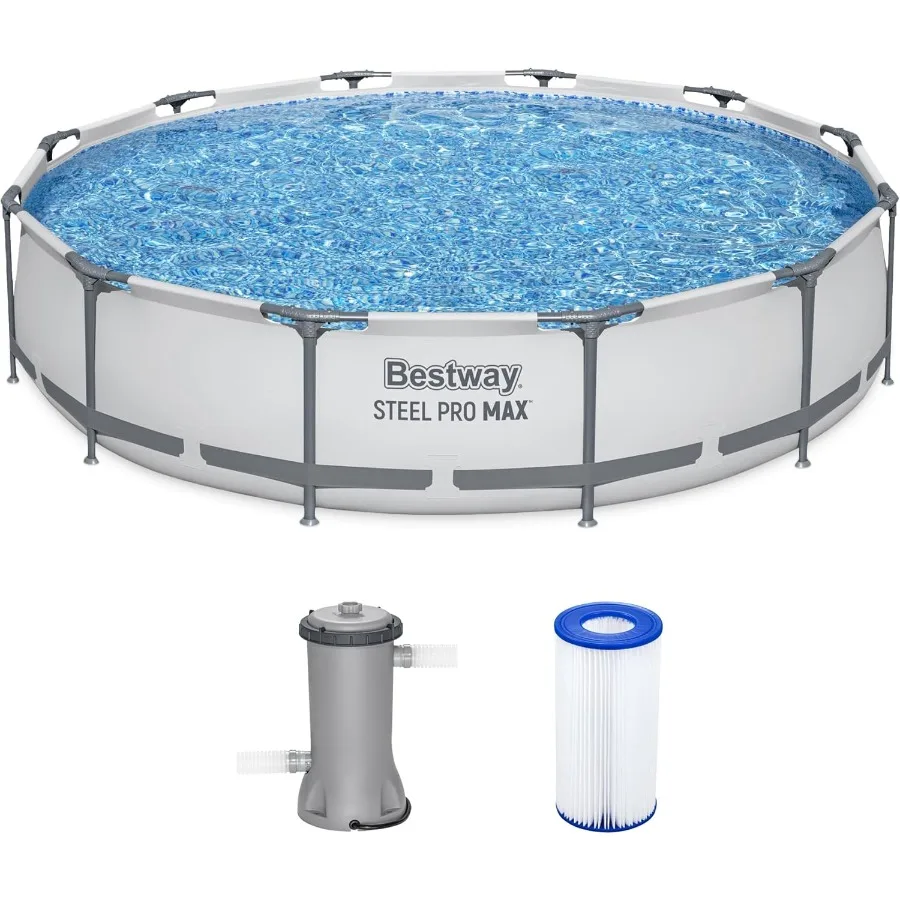 Steel Pro MAX Set di piscine rotonde fuori terra da 12 piedi per 30 pollici Piscina familiare con struttura in metallo per esterni con pompa filtro Grigio