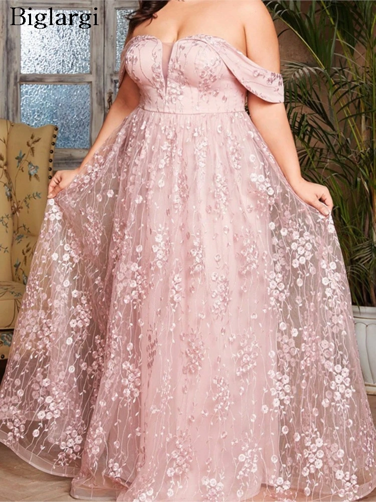 

Летнее вечернее платье больших размеров для женщин, с цветочной вышивкой, блестящее, розовое, модное, элегантное, без спинки, без рукавов