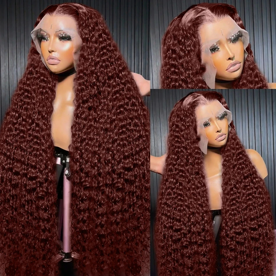 30 34 inch Reddish Brown Deep Curly 13x6 HD Lace Frontal Human Hair Wigs  13x4 Deep Wave Colored Human Hair Lace Wigs 200%