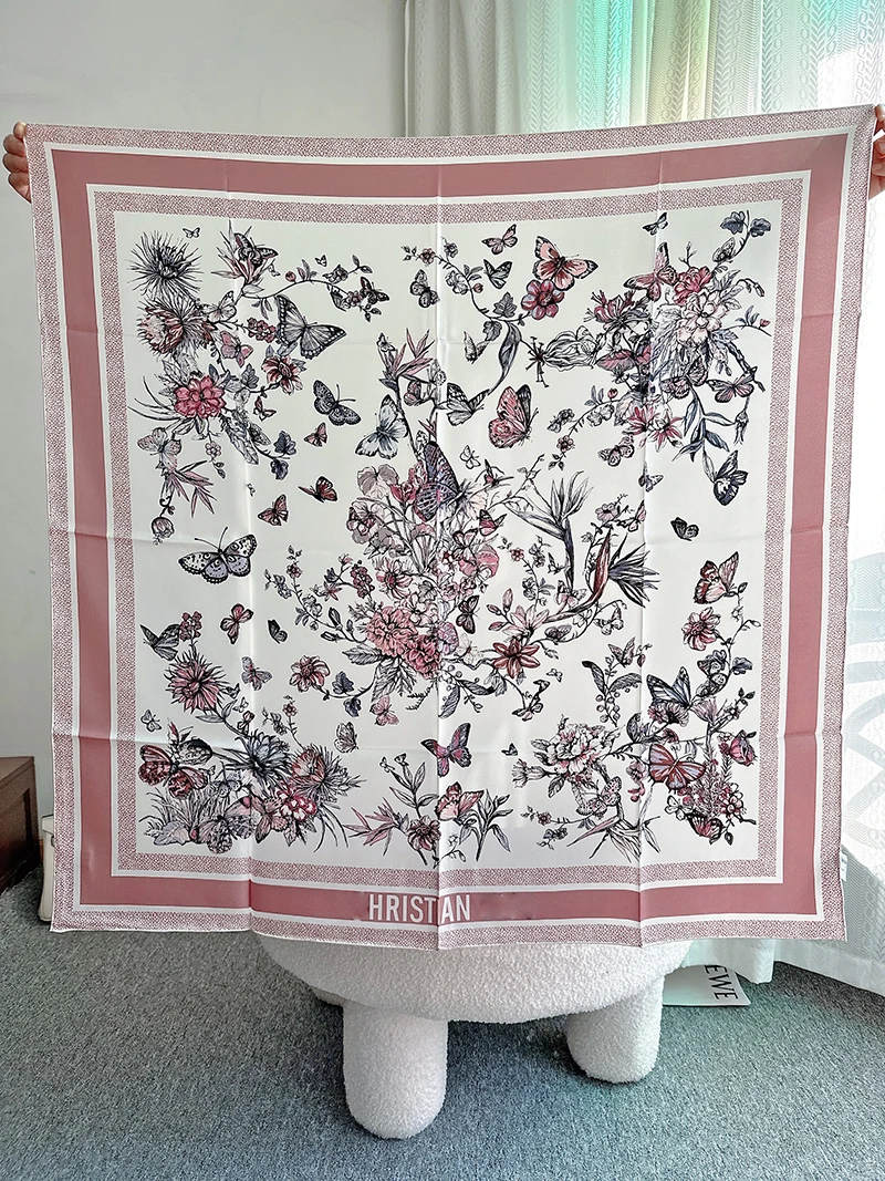 Toile de Jouy Mexico 90 Square Scarf Mexican Flower Printed Square  Scarves of birds Flowers Pink Scarf Women Spring  Brand