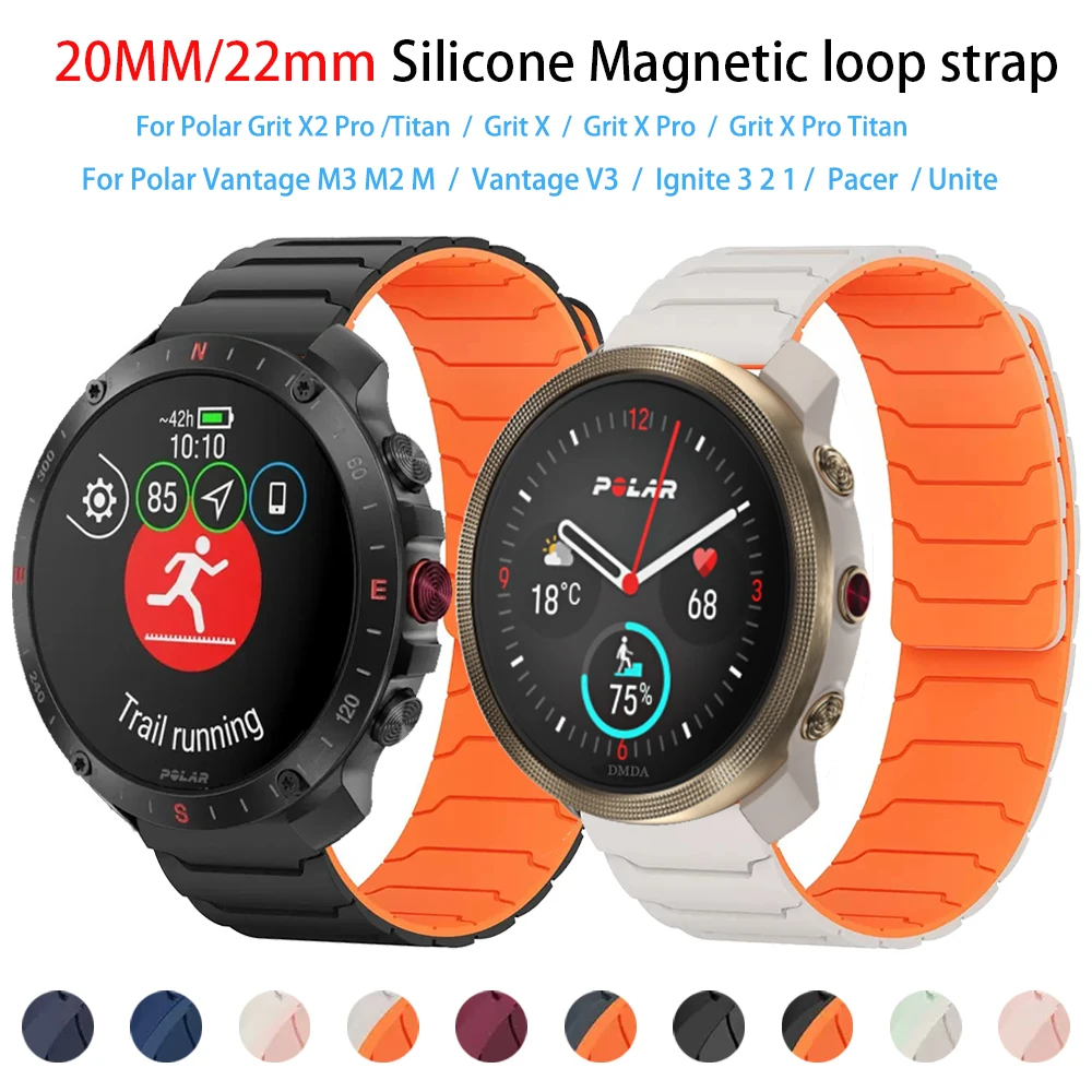 Ремешок 20 мм 22 мм для Polar Vantage V3 M3 M2/Grit X X2 Pro Titan, браслет для Polar Ignite 3, двухцветный магнитный силиконовый ремешок для часов