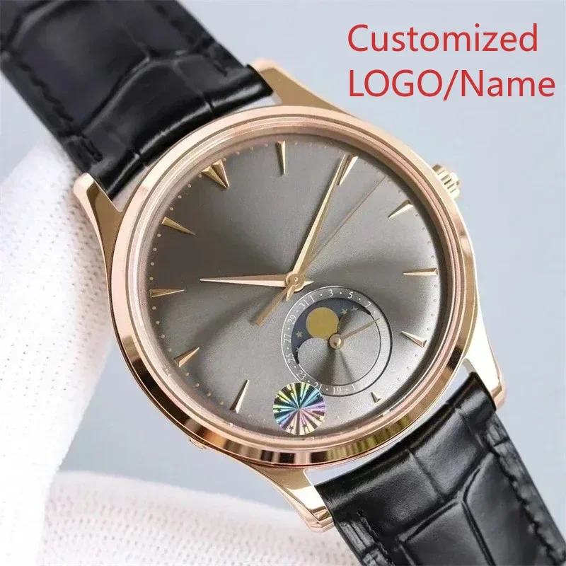 ساعة يد ميكانيكية أوتوماتيكية فاخرة للرجال من الفولاذ المقاوم للصدأ باللون الأسود والأزرق من الجلد MoonPhase ساعة يد رياضية مخصصة