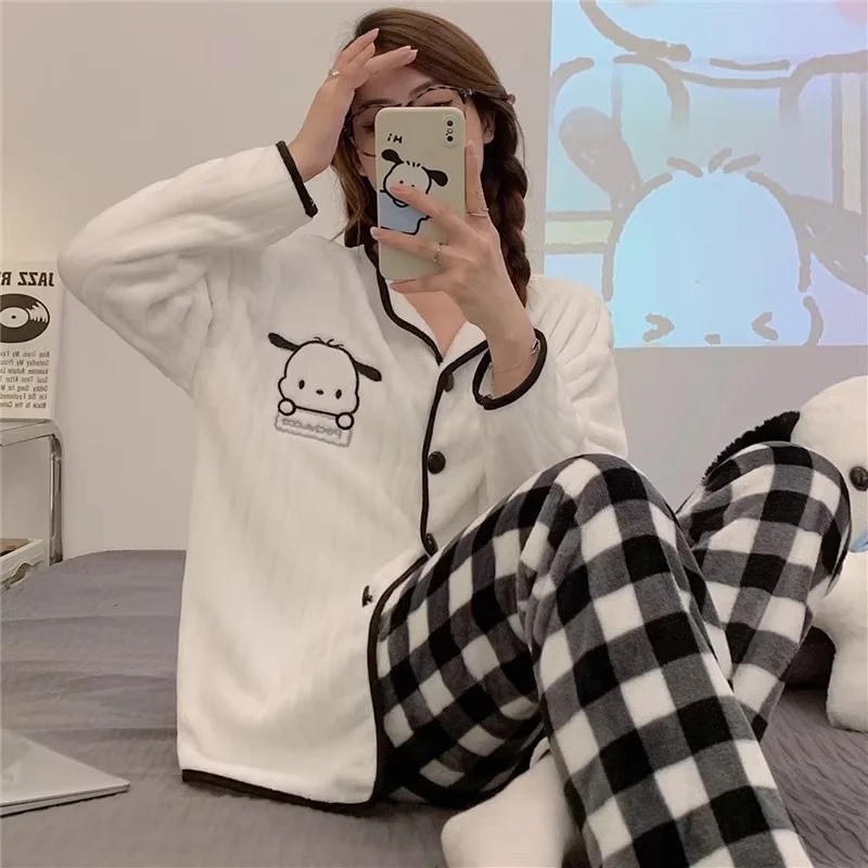 Sanrio Stitch Disney Soft Plush Pajamas Suits Cute Cartoon Fleece Long Sleeve Cardigan Long Pants Two Pieces Sets For Women