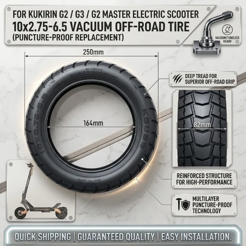 

10x2.75-6.5 Vacuum Off-Road Tire for Kukirin G2/G3/G2Master Electric Scooter, Puncture-Proof Replacement Tyre Accessories