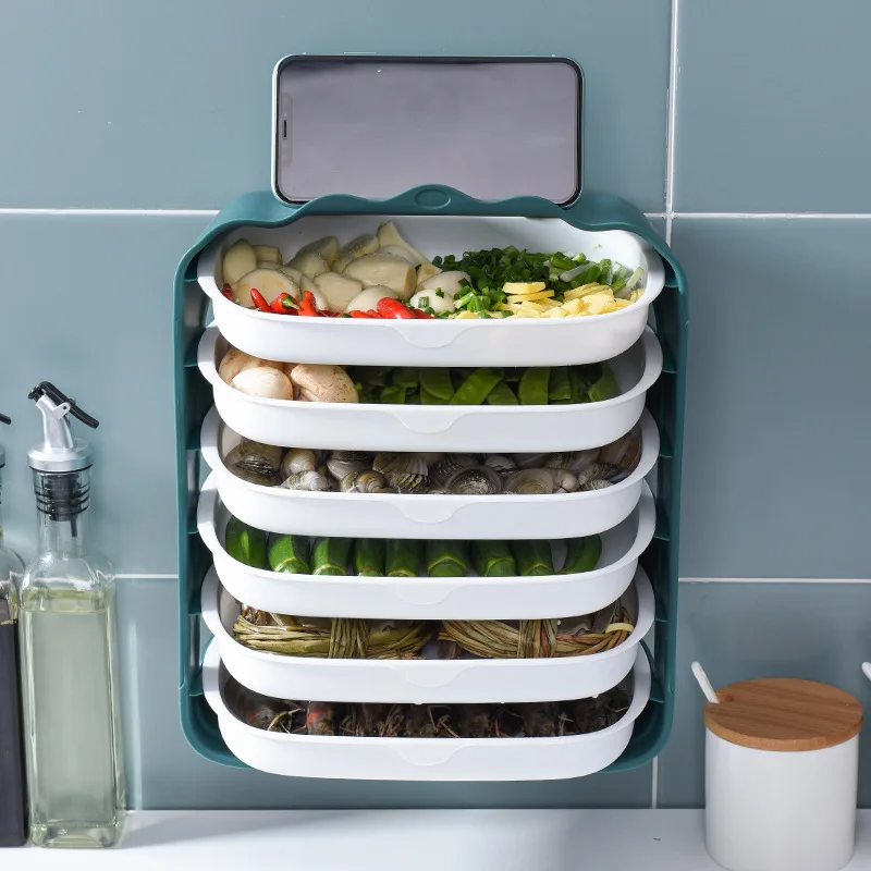 Wall Mounted 6 Layer Plastic Side Dish Rack Storage Tray Multi Layer Drainable Hot Pot Barbecue Tray Household Kitchen Supplies