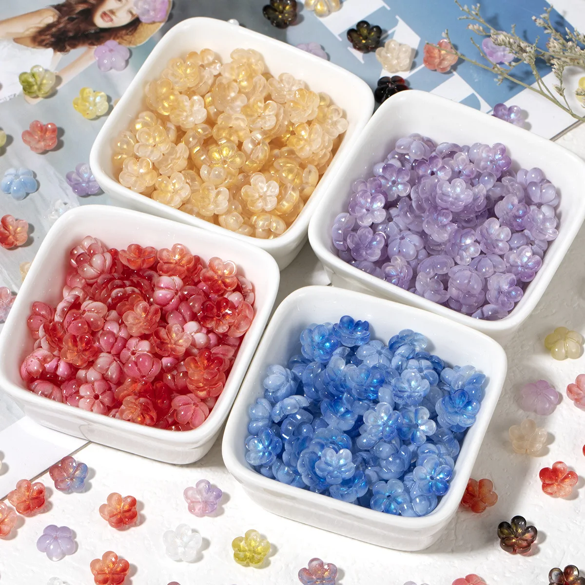 30Pcs10mm Stereo Plum Flower Glass Lampwork Beads Middle Hole Loose Spacer Beads For DIY Handmade Jewelry Accessories