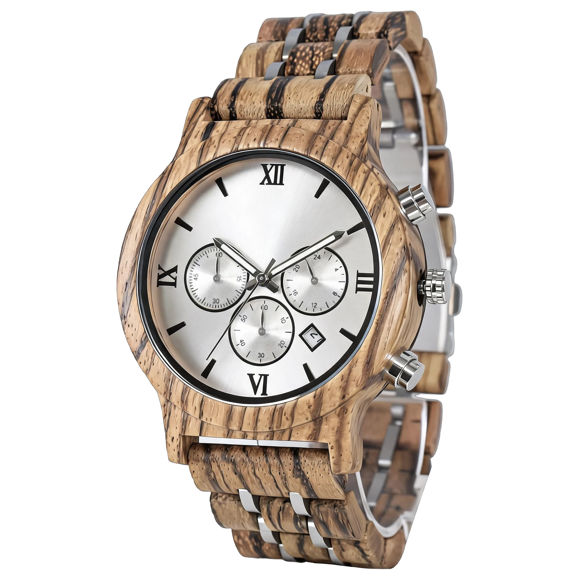 Men's Steel Mixed Wood Multifunction Quartz Wristwatch with Calendar Round Folding Clasp Vintage Ultra Thin Watch
