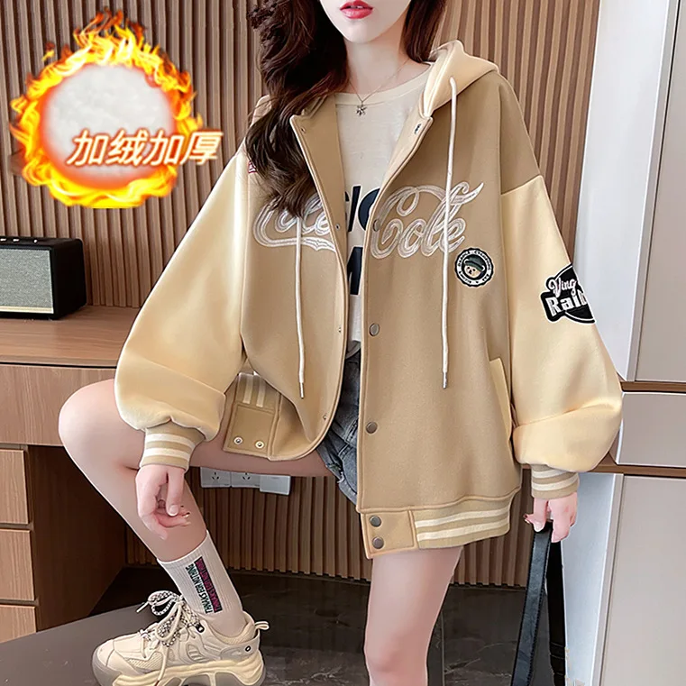 ZOUXO Hoodies Women 2023 Spring Autumn New Fashion Fleece Thickened Hoodies Kpop Loose Hooded Zip-up Baseball Clothes