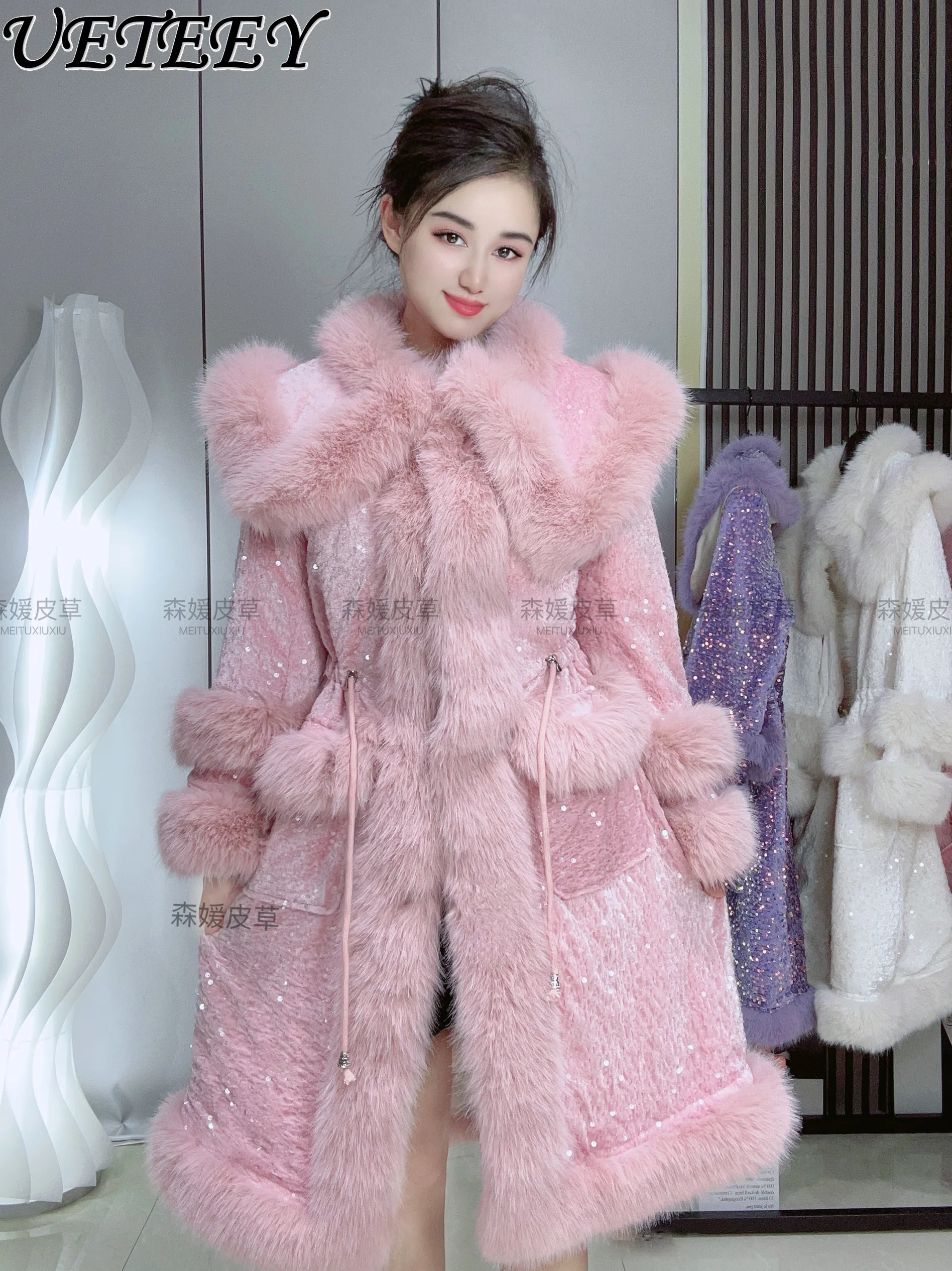 Winter New Heavy Industry Sequins Long Imitation Fur Waist Strap Jacket Temperament Girls Fur Collar Thickened Sweet Warm Coat