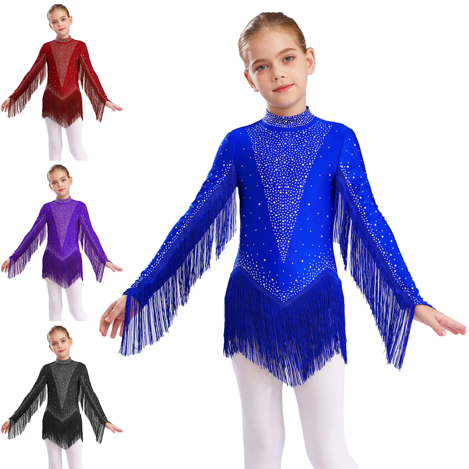 Girls Tassels Latin Dance Leotard Figure Skating Gymnastics Cha-Cha Tango Performance Costume Long Sleeve Rhinestones Jumpsuit
