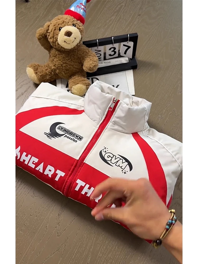 

Американский мотоциклетный хлопковый дэт с контрастным цветным принтом High Street, мужской зимний модный брендовый воротник-стойка Haome...