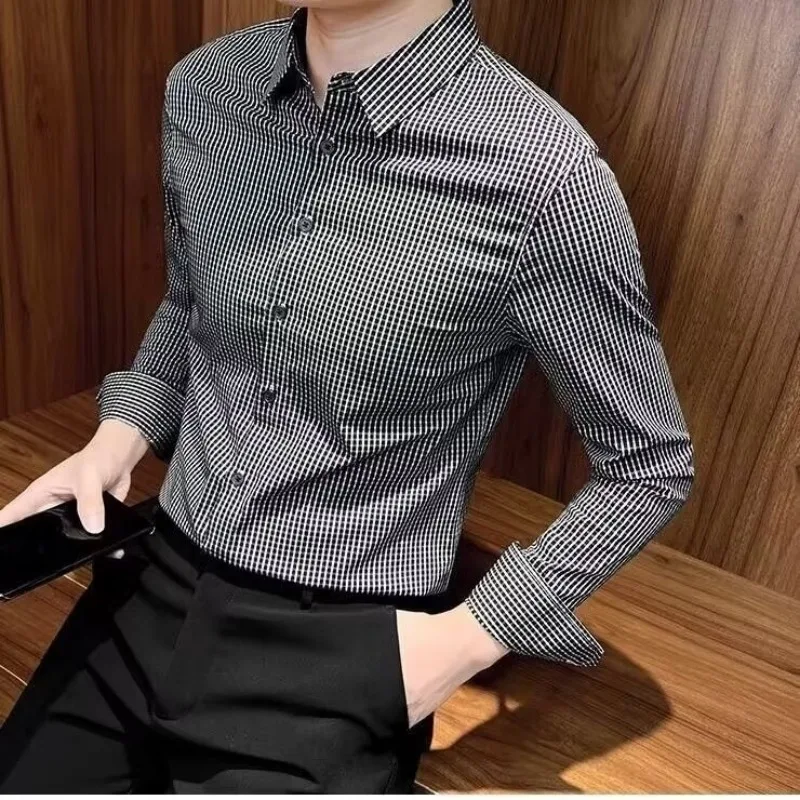 

Men Thin Ice Silk Plaid Long Sleeve Shirts Business Light Mature Casual Breathable Daily Blouses