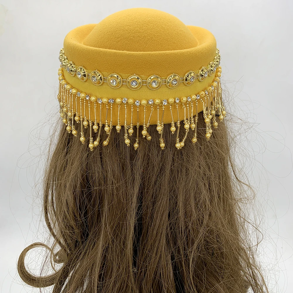 Vintage Felt Turban Hat For Women Church Derby Fascinator With Tassels Lady Beret Caps Airline Stewardess Hat African Headwear 4