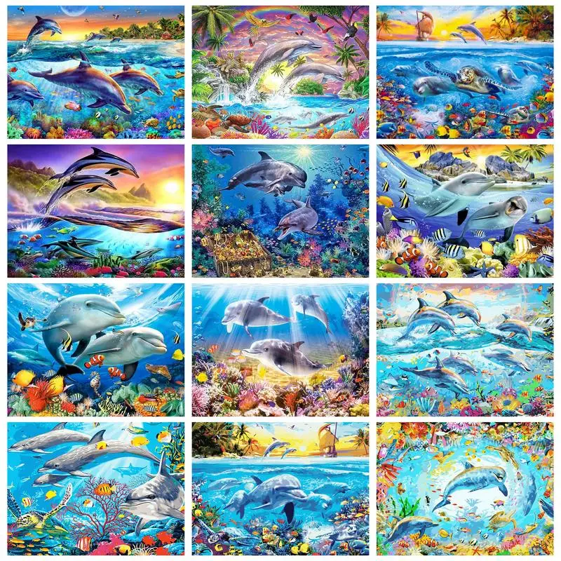 

RUOPOTY Painting By Numbers For Underwater World Dolphins Animal Home decor