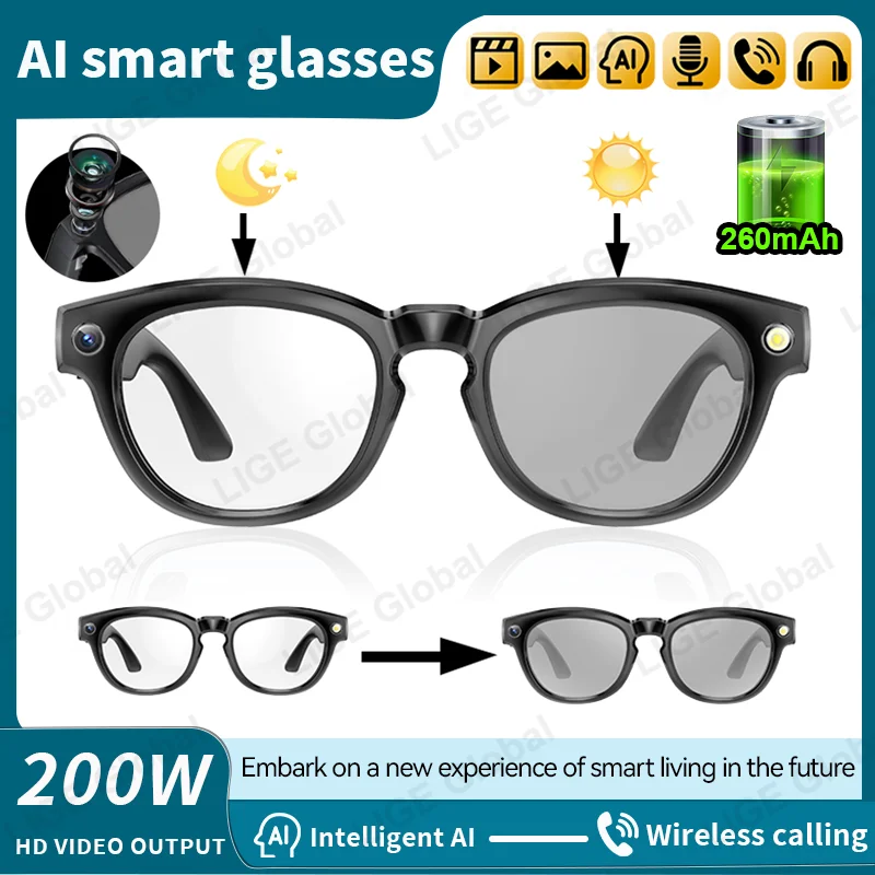 

LIGE AI Smart Glasses 200W HD Camera Video Record Bluetooth Call 260mAh Battery Voice Control Sunglasses Color-changing Lenses