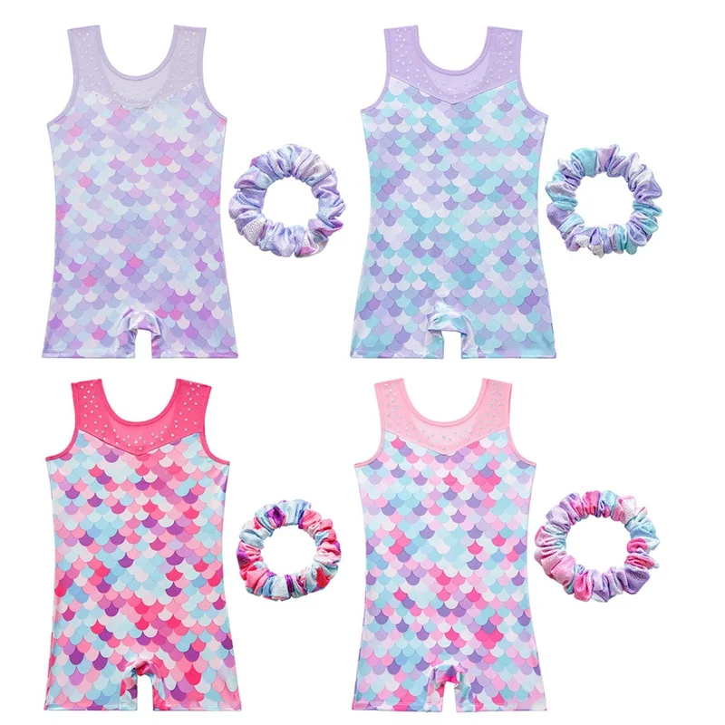 Leotards for Girls Gymnastics with Shorts Dance Biketards Tumbling Matching Hair Scrunchie 3-10 Years