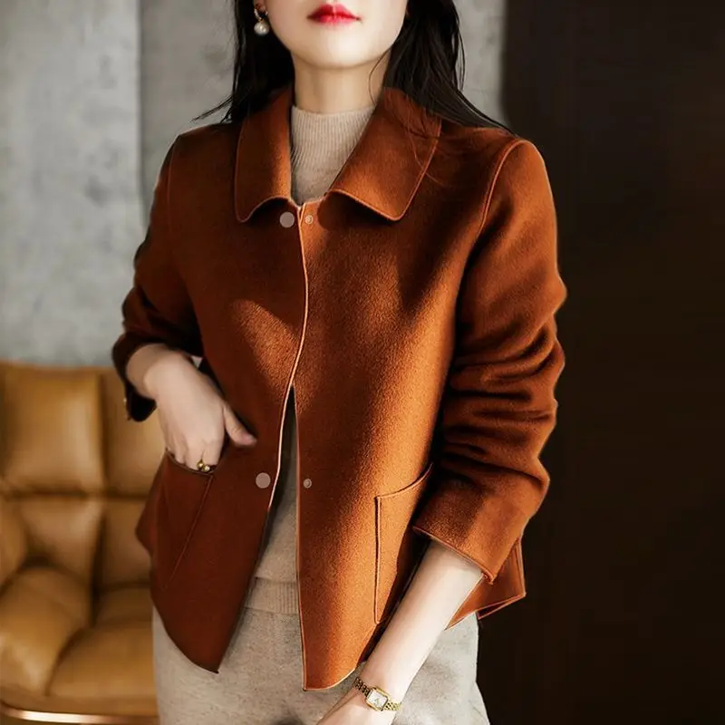 Autumn Winter New Women\'s Solid Color Doll Collar Button Pockets Casual Coats Fashion Vintage Versatile Loose Long Sleeve Tops