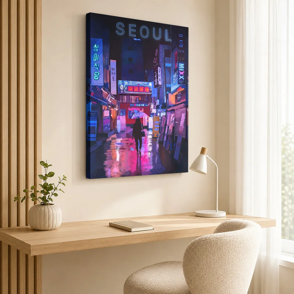 Seoul Nightstreet Framed Canvas Print Poster Custom Modern Aesthetic Canvas Wall Art for Bedroom Decor Ready to Hang Home Gift