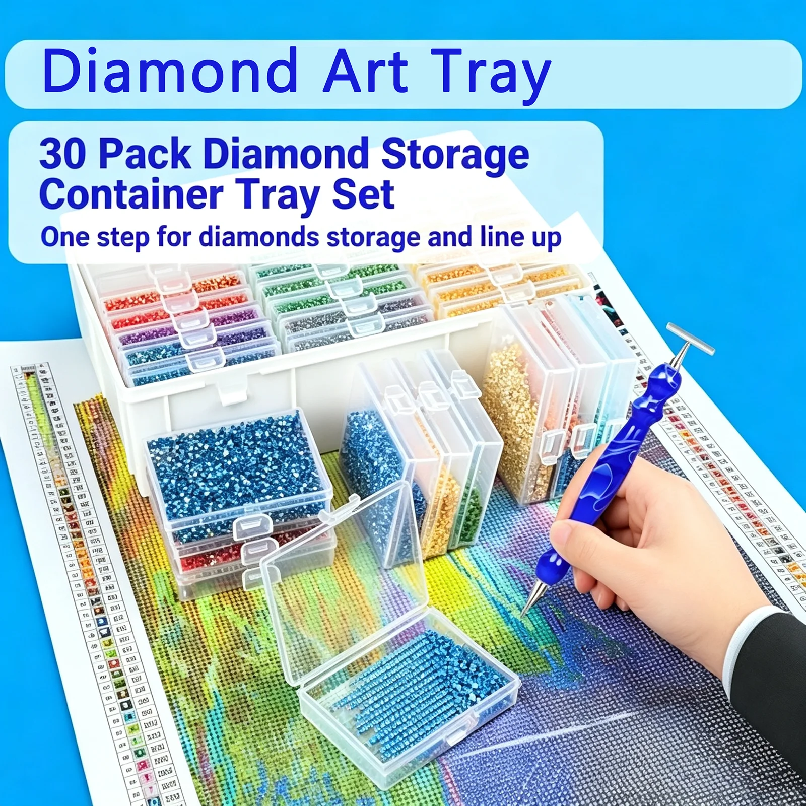 Diamond Painting 30 Grids Lockable Storage Tray Box, 5D DIY Diamond Art Tools Organizer Kit, Diamond Painting Accessories Set