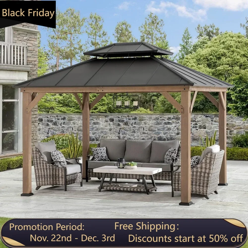 10 x 12 ft. Wood Gazebo, Outdoor Patio Steel Hardtop Gazebo, Cedar Framed with 2-Tier Metal Roof, Suitable for Patios, Backyard