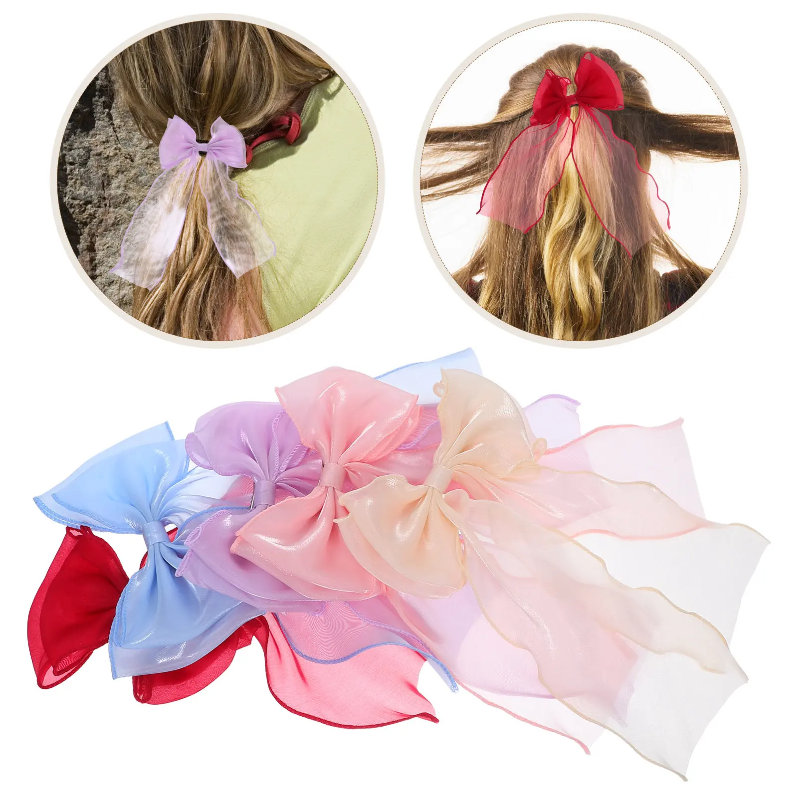 5Pcs Bow Hair Clips Elegant Tulle Bowknot Barrettes Long Tail Ribbon Hair Accessories Stylish Mesh Fabric Bow Clip for Parties