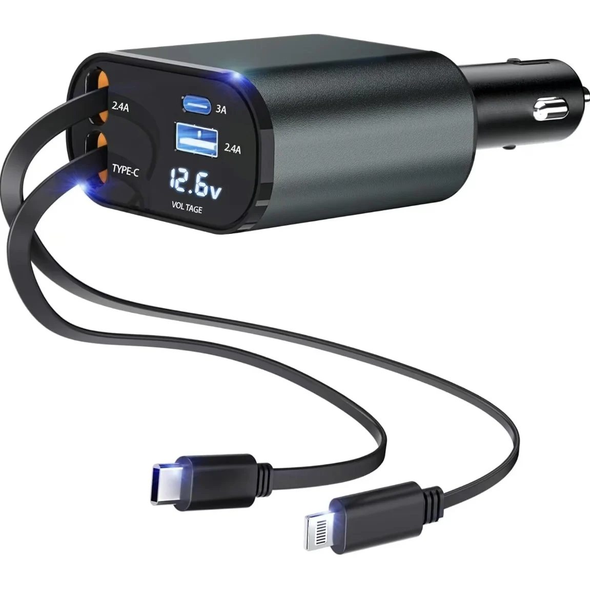 

4-in-1 telescopic car charger, suitable for iPhone and Android, durable mobile device charger, automotive accessories