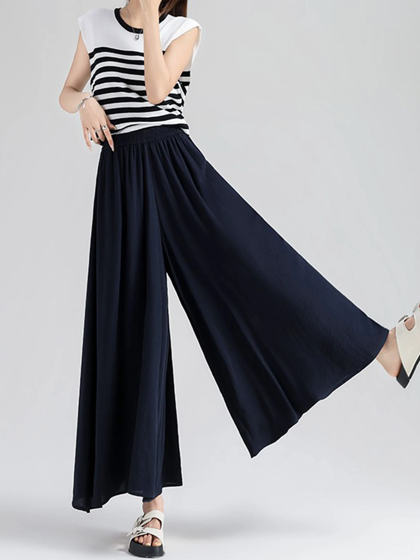 

Summer Ice Silk Wide Leg Pants Women's High Waist Loose Thin Nine Points Skirt Pants Casual Pure Color Pocket Design