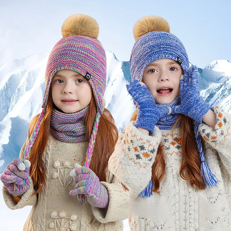 

Winter Children Knitted Hat Scarf Gloves Set Fur Ball Kids Beanie Hat Suit Skiing Plush Lining Child Bonnet Cap 4-10Y