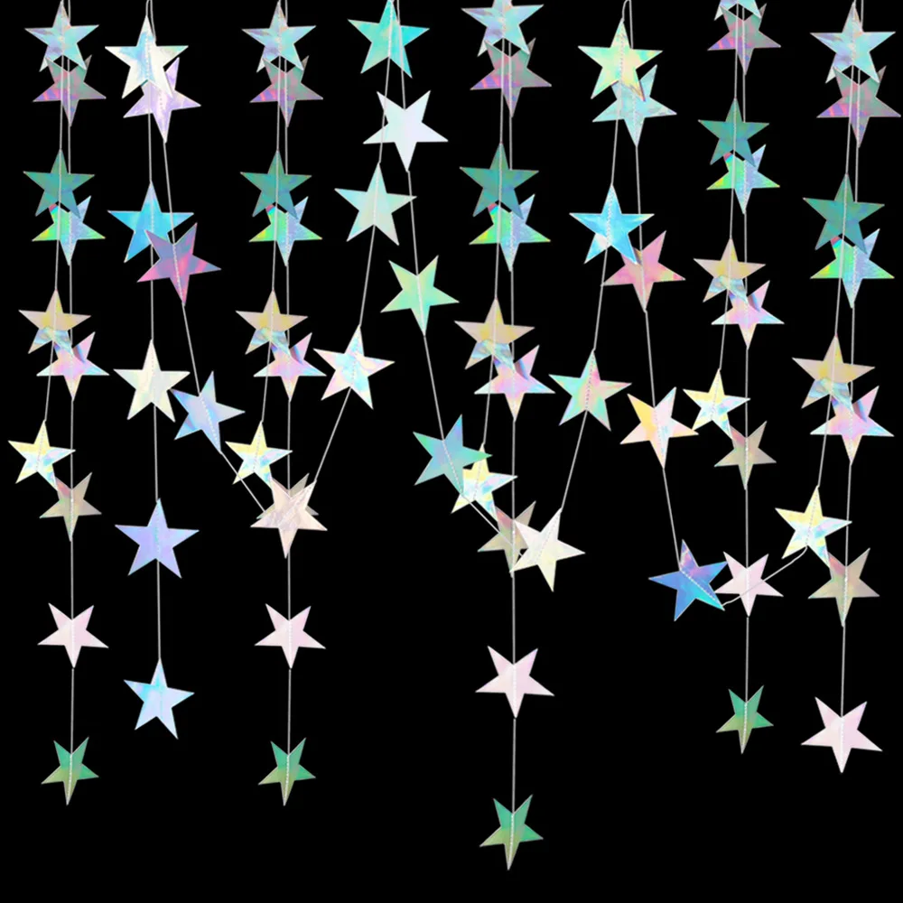 Guirnalda de estrellas de papel plateado iridiscente de 4M para decoración colgante de habitación, decoración para fiesta de cumpleaños, pancarta de boda, recuerdos para Baby Shower