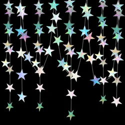 4M Iridescent Silver Paper Star Garland for Room Hanging Decoration Birthday Party Decoration Wedding Banner Baby Shower Favors