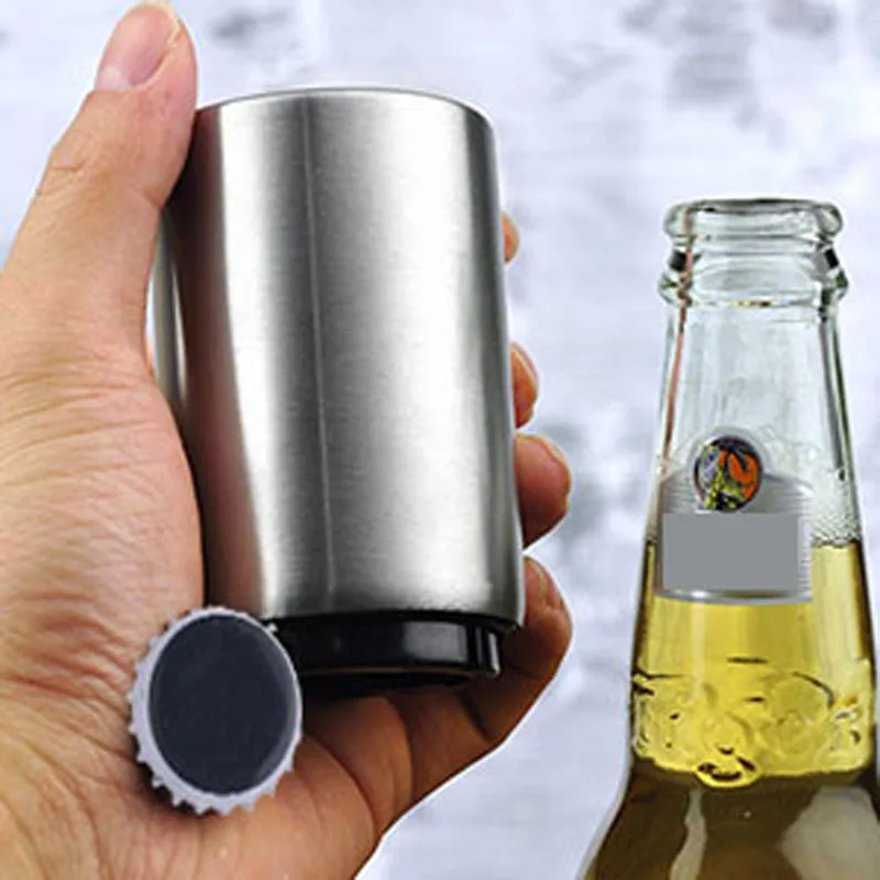 Premium Beer Bottle Opener (Silver), 1 PC Stainless Steel Automatic Push Down No Damage Quick to Open Small Portable Bottle Cap