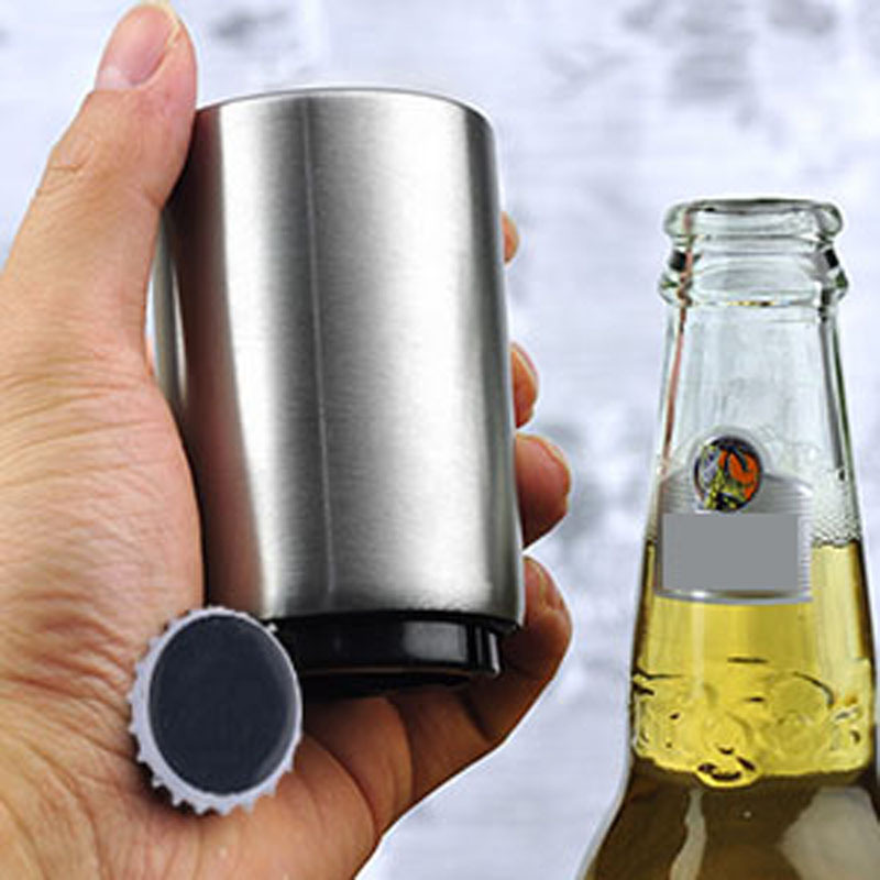  Premium Beer Bottle Opener (Silver), 1 PC Stainless Steel Automatic Push Down No Damage Quick to Open Small Portable Bottle Cap 